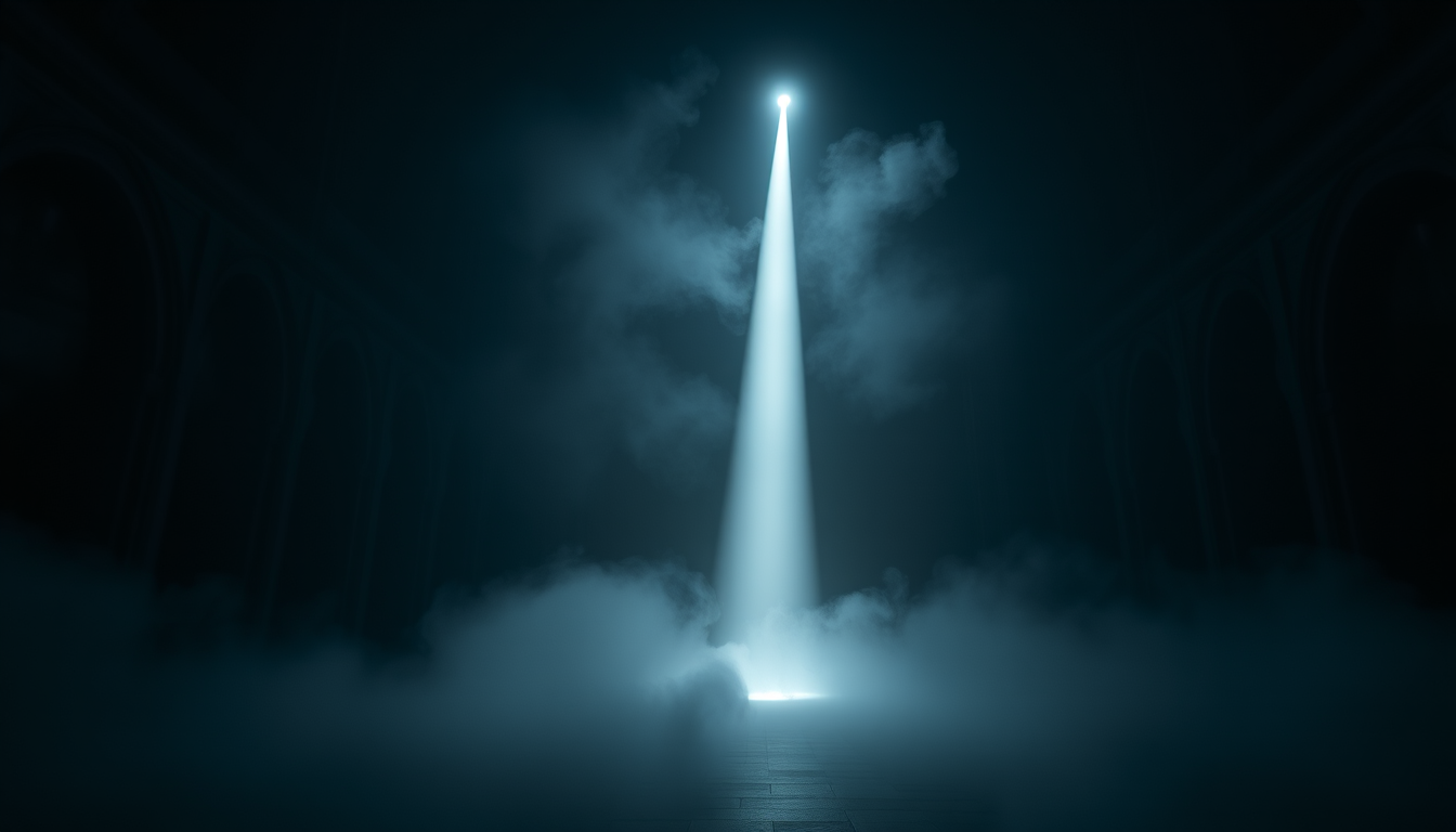 single beam of bright light cutting through dense fog inside a vast dark cathedral-like space, moody editorial photography, news-magazine qu