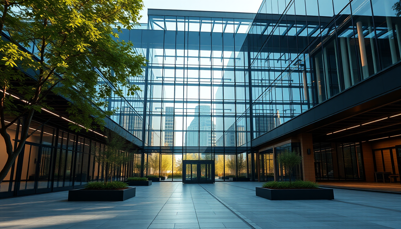 Silicon Valley tech campus exterior, modern glass and steel building with open courtyard, early morning light, subtle reflection, photoreali