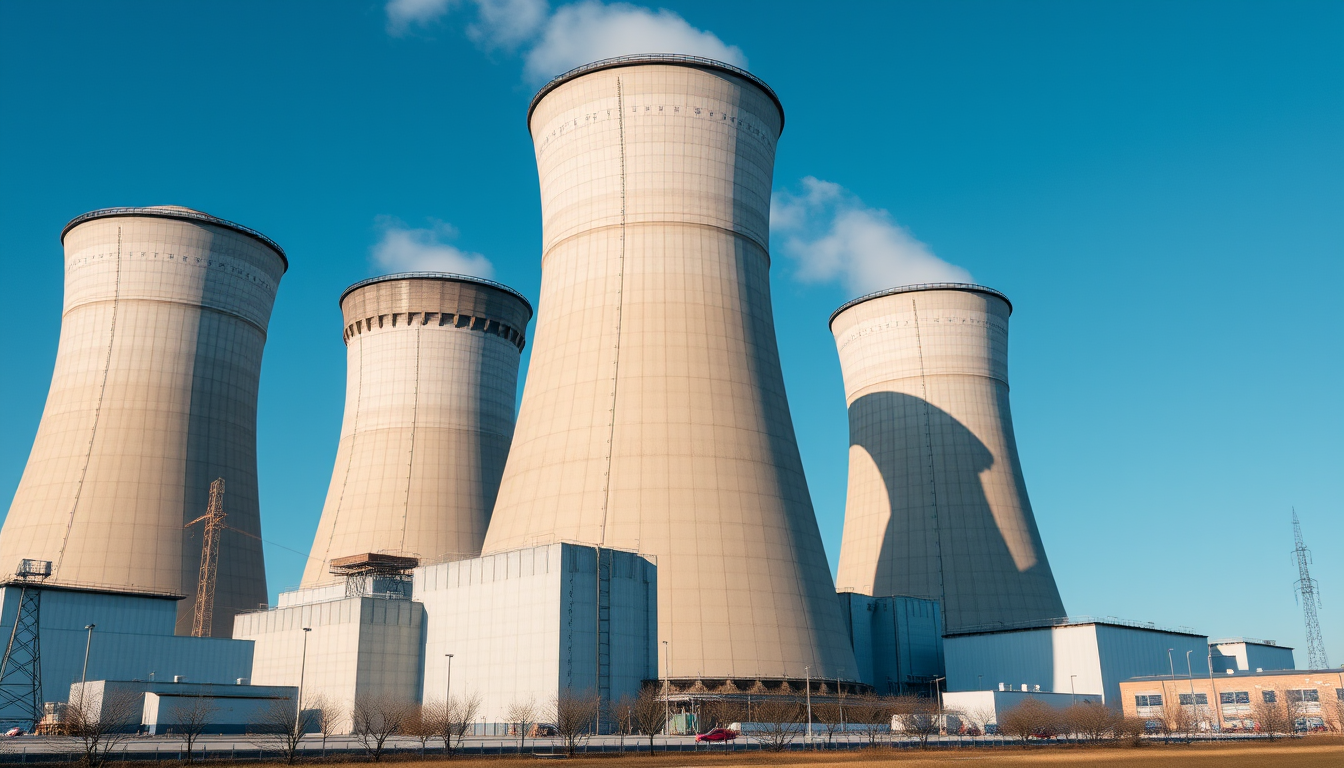 Pennsylvania nuclear power plant exterior, towering cooling towers, concrete structures, industrial setting, clear blue sky, photorealistic