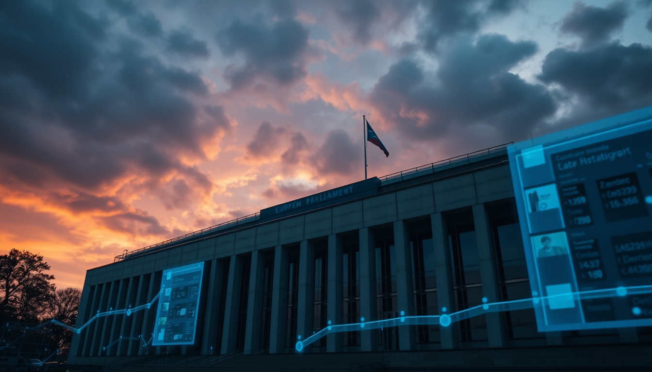 European parliament building exterior with subtle blue digital data streams overlaid, dramatic sky, moody editorial photography, news-magazi