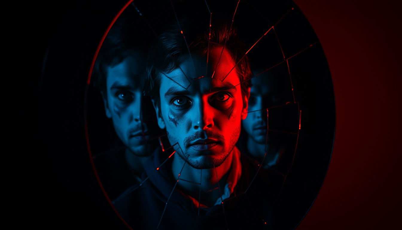 cracked mirror reflecting fragmented digital faces, eerie blue and red lighting, moody editorial photography, news-magazine quality, dramati