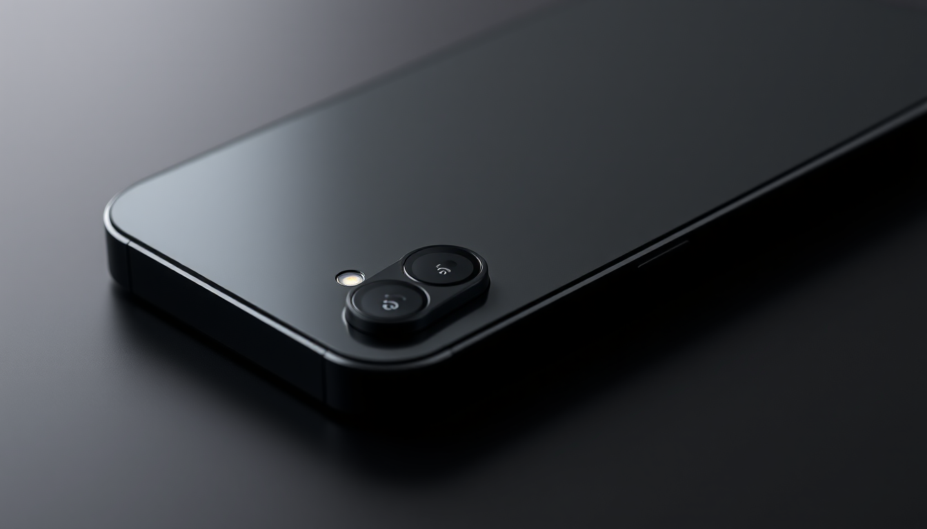 iPhone 15 on a matte black surface, close-up of the front camera and edge, subtle reflection, high detail, photorealistic, 8k, photorealisti
