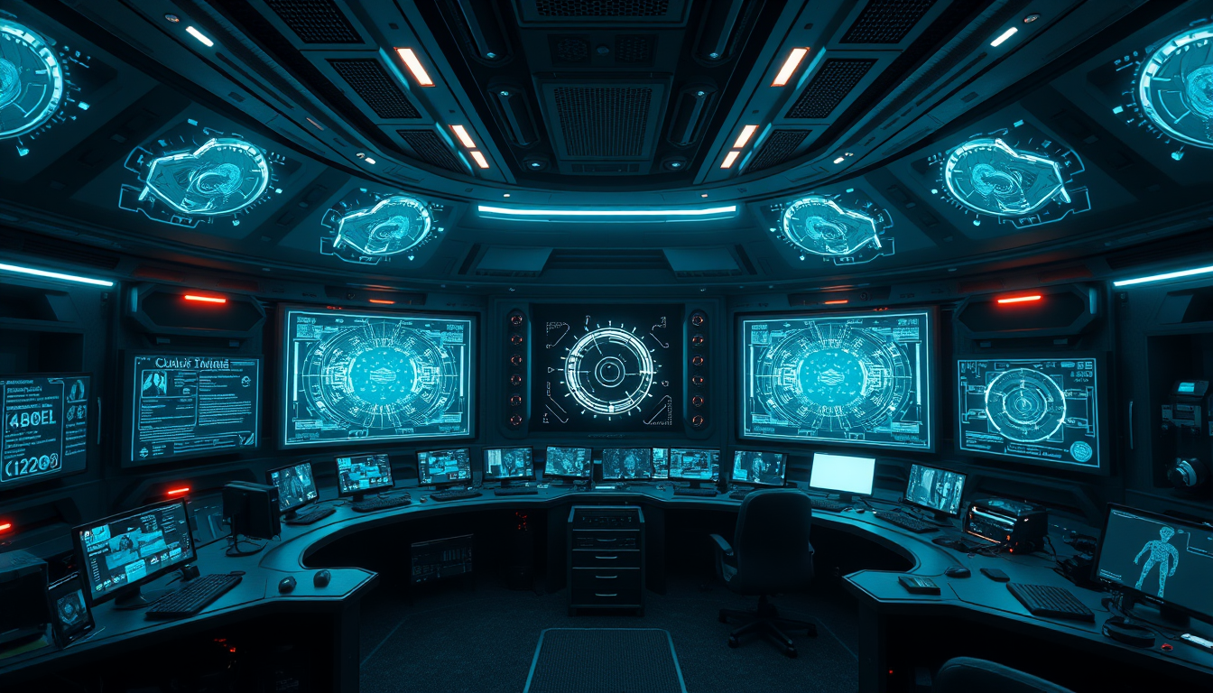 futuristic command center with multiple holographic interfaces, autonomous AI orchestration, moody editorial photography, news-magazine qual