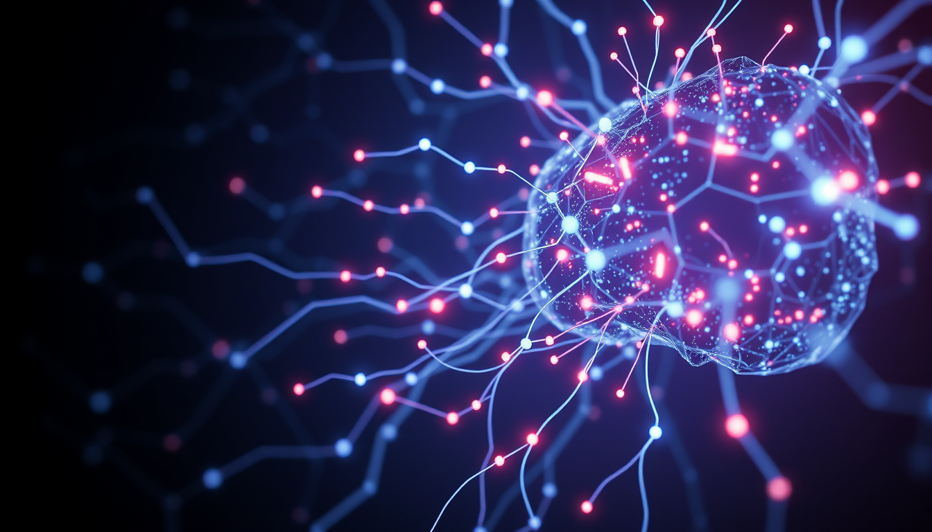 abstract artistic representation of artificial intelligence, glowing neural connections, dark futuristic atmosphere, corporate editorial pho