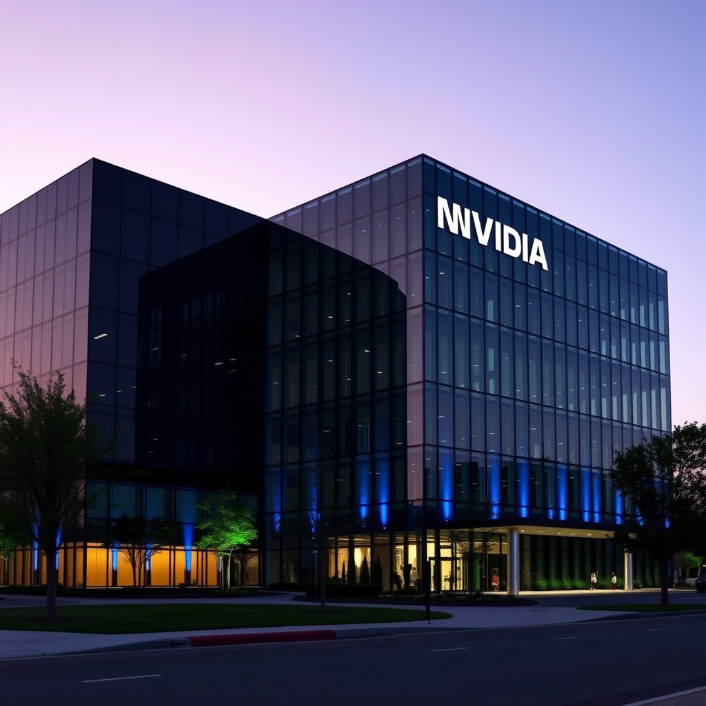NVIDIA Santa Clara HQ exterior at dusk, sleek glass and steel building, subtle blue lighting, modern corporate architecture, photorealistic,