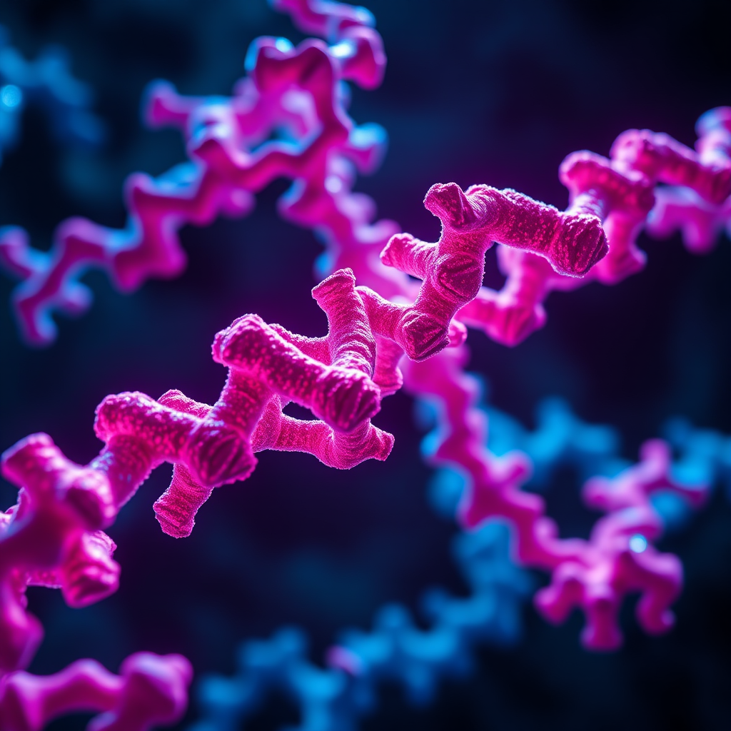 intricate 3D protein structure rendered with glowing blue and pink molecular bonds, cinematic scientific illustration, dramatic chiaroscuro,