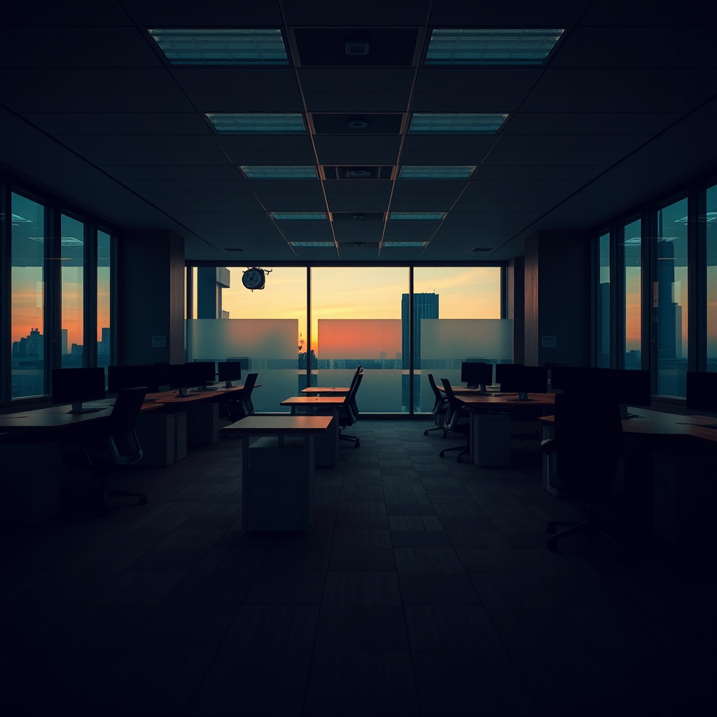 empty modern office at dusk with abandoned desk chairs and dim ambient lighting, moody editorial photography, news-magazine quality, dramati