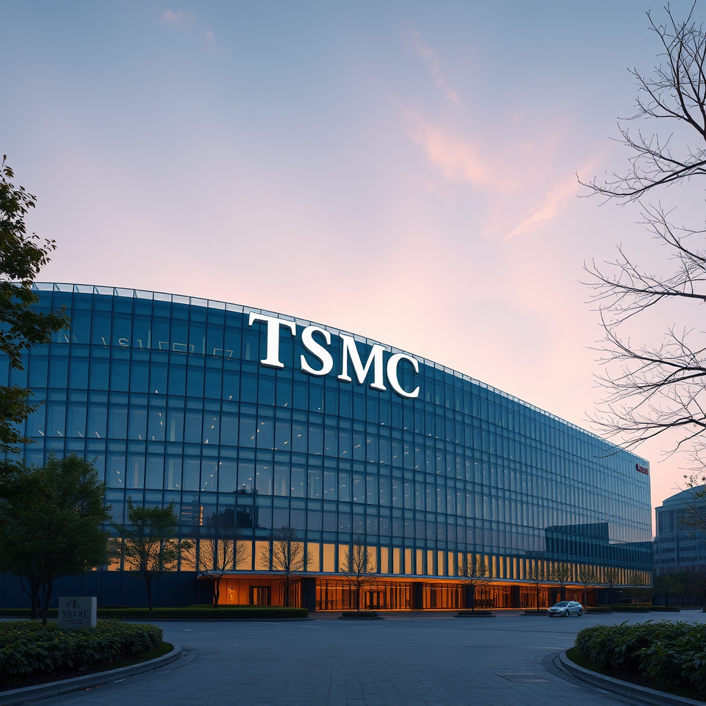 TSMC Hsinchu campus exterior at dawn, modern glass building with subtle lighting, sleek corporate architecture, photorealistic 8k, photoreal