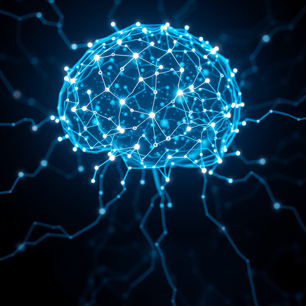 abstract artistic representation of artificial intelligence, glowing neural connections, dark futuristic atmosphere, corporate editorial pho