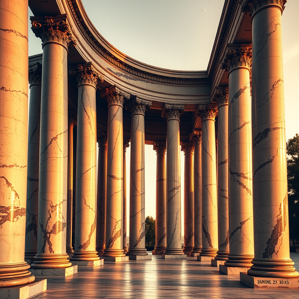 ancient marble courthouse columns with subtle digital glitch overlays, golden hour lighting, moody editorial photography, news-magazine qual