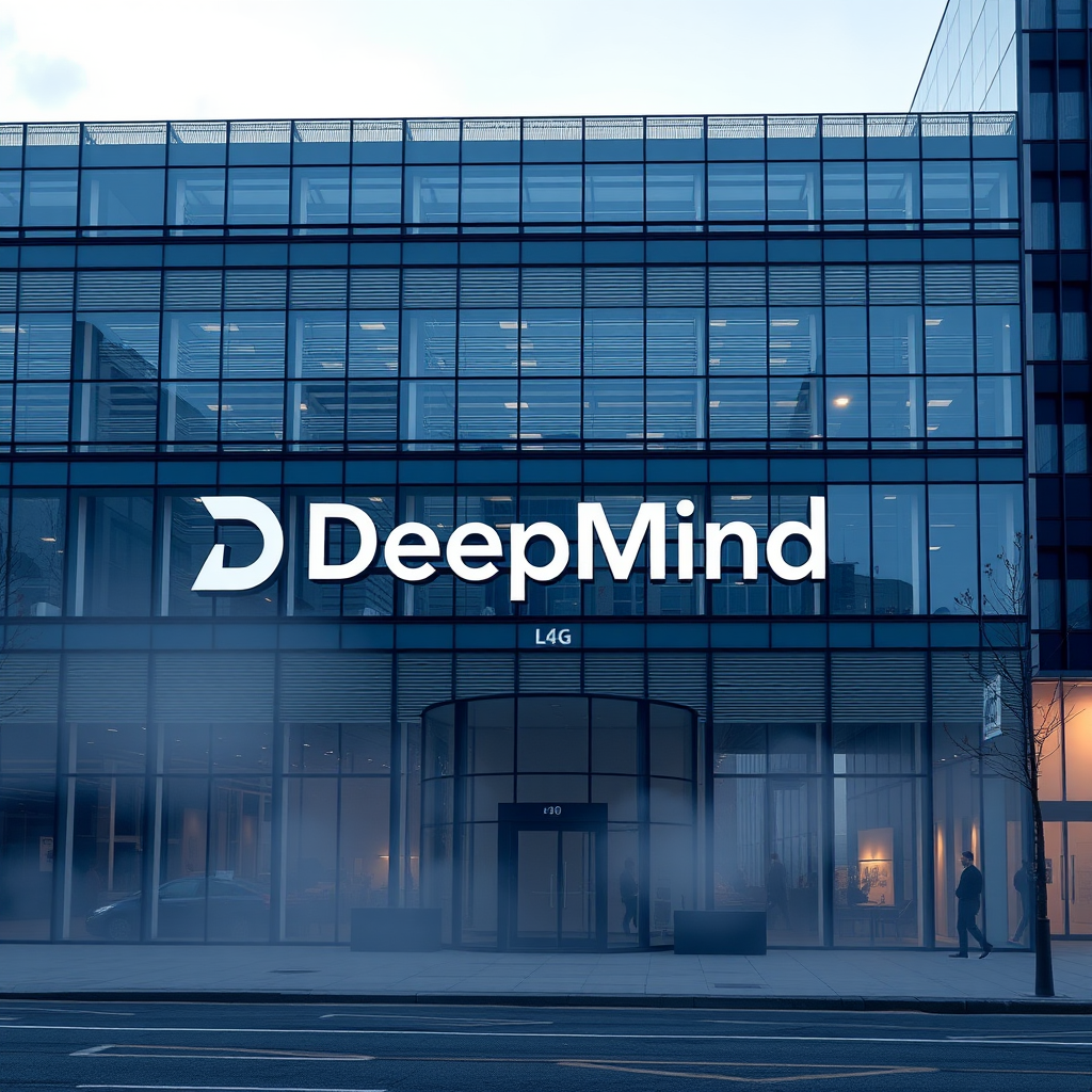 DeepMind London headquarters exterior, modern glass and steel building, early morning mist, subtle reflection, photorealistic 8k, photoreali