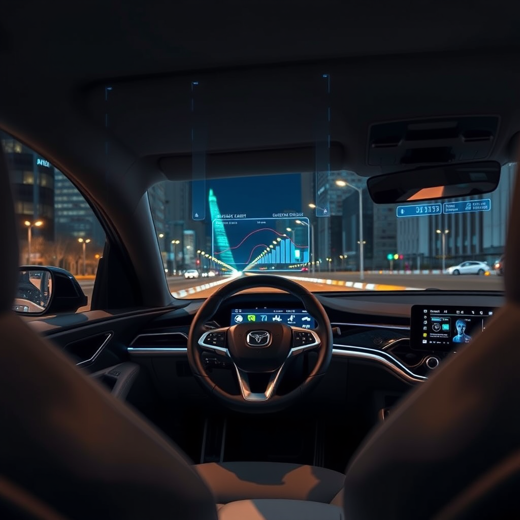 self-driving car cockpit with augmented reality overlay showing sensor data, night cityscape, corporate editorial photography, polished and
