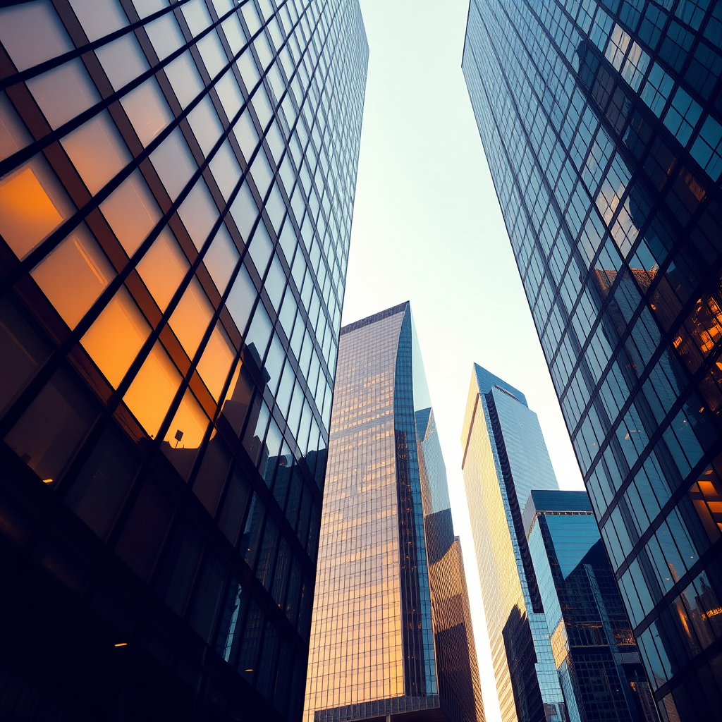 modern glass corporate skyscrapers from below, golden hour reflections, financial district, corporate editorial photography, polished and mo