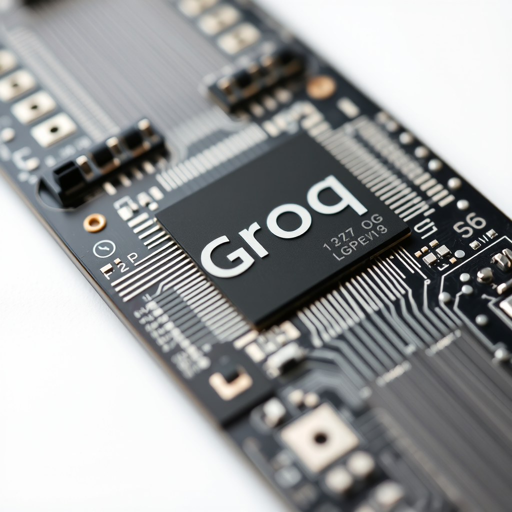 Close-up of Groq LPU chip on a white background, photorealistic, showing silicon die with metal interconnects, no logos., photorealistic, 8k