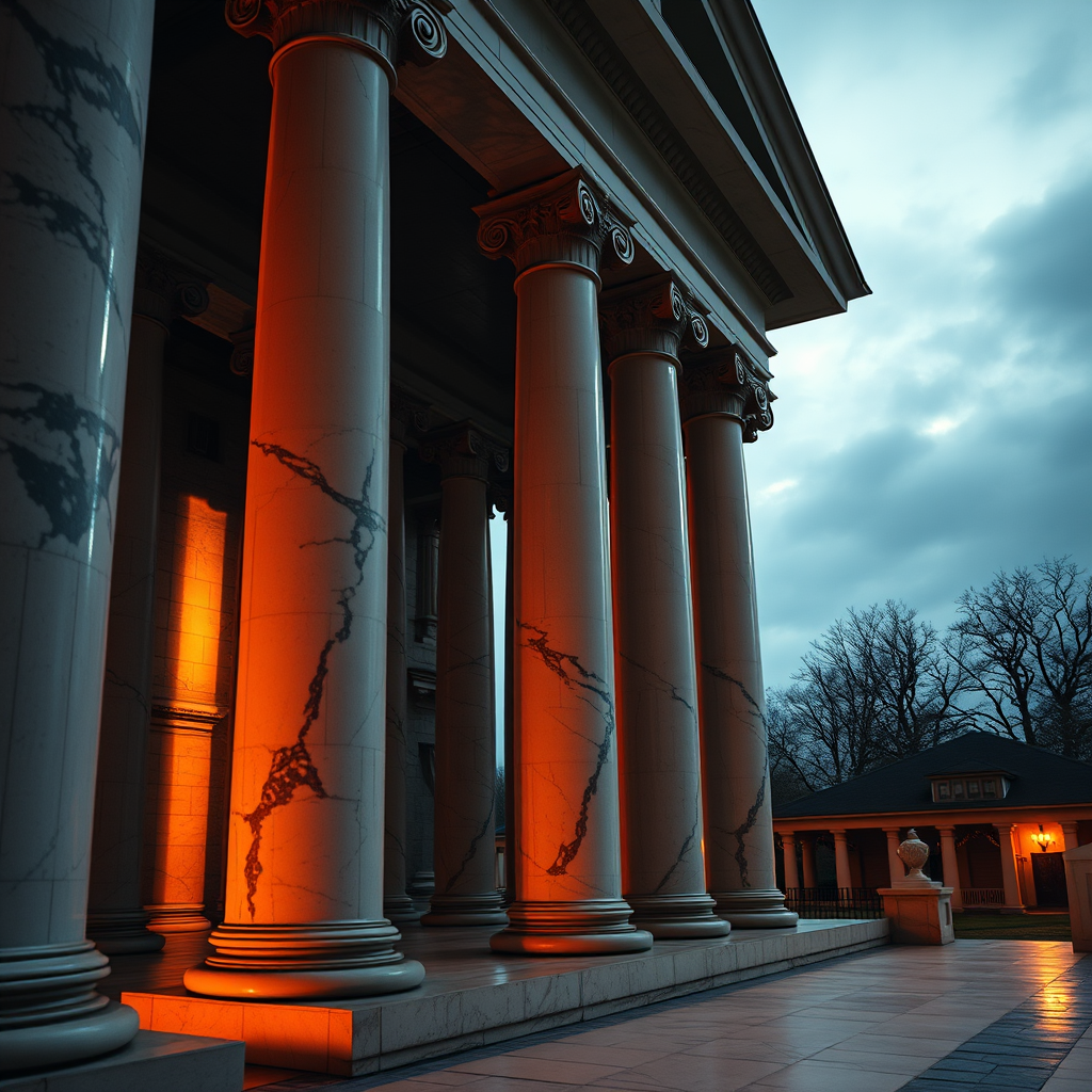 ancient marble courthouse columns with subtle digital glitch overlays, golden hour lighting, moody editorial photography, news-magazine qual