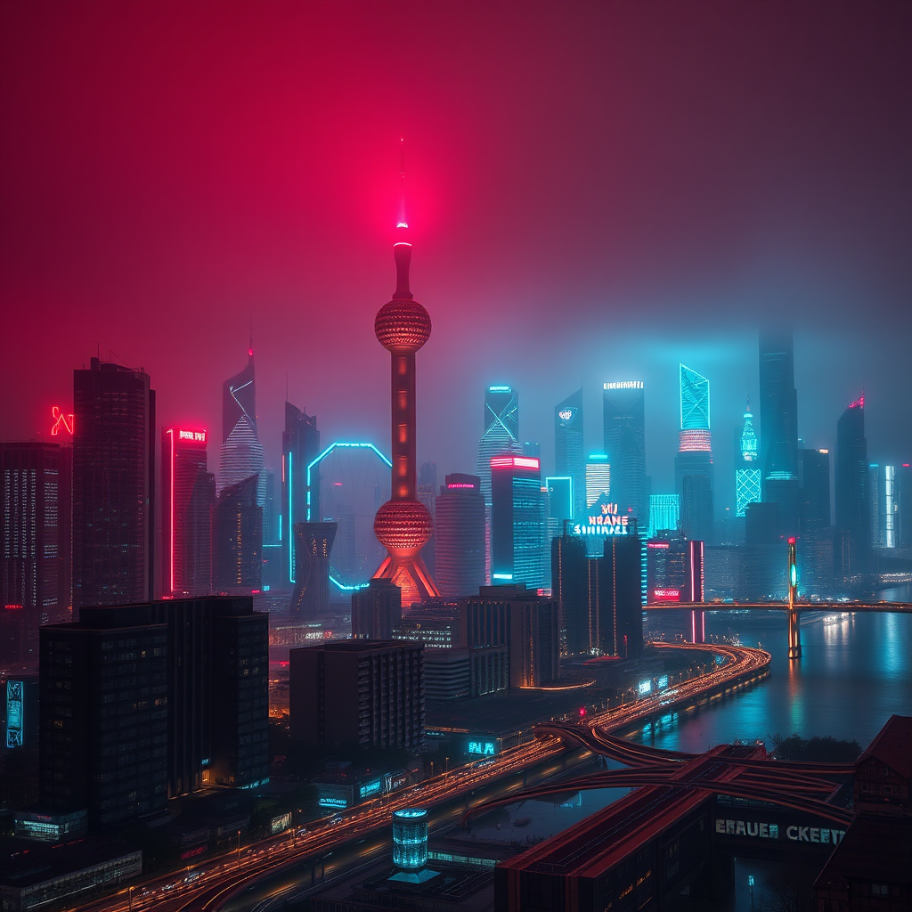cyberpunk Shanghai skyline at night with red and teal neon, futuristic Asian metropolis, moody editorial photography, news-magazine quality,