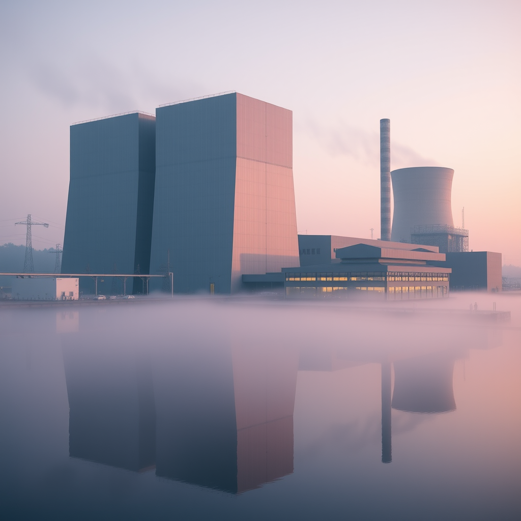 Three Mile Island nuclear power plant exterior, turbine hall and control building, early morning mist, subtle industrial lighting, photoreal