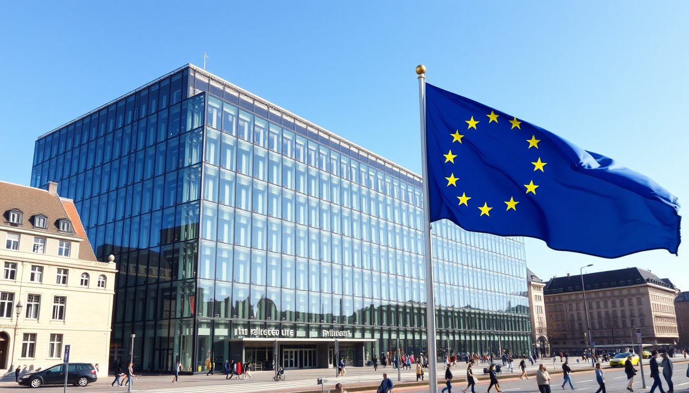 European Parliament building in Brussels, modern glass façade, bustling cityscape, EU flag in background, crisp daylight, photorealistic 8k,