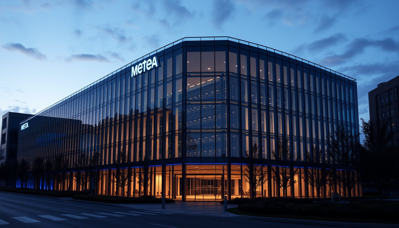 Meta headquarters exterior at dusk, sleek glass and steel architecture, subtle blue lighting, reflective surfaces, modern corporate building
