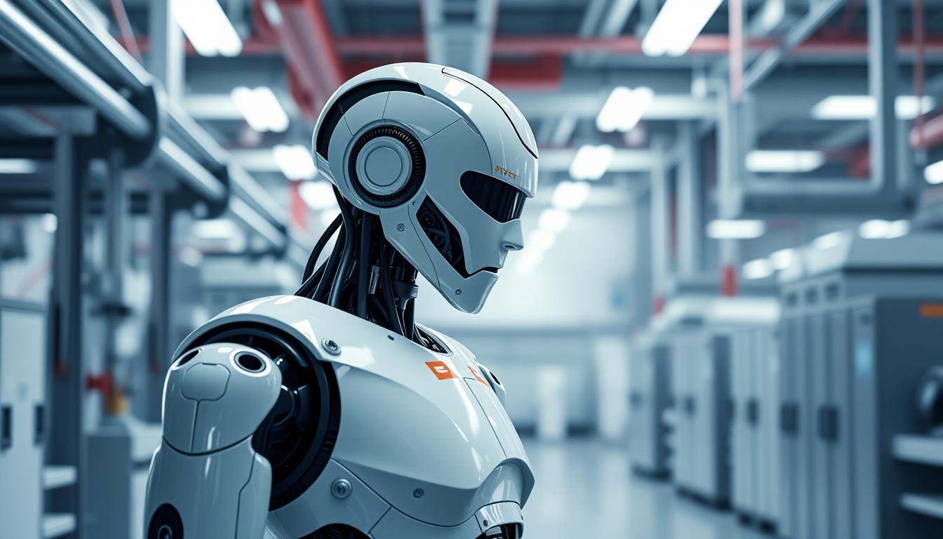 advanced humanoid robot standing in an industrial laboratory, soft rim lighting, photorealistic, corporate editorial photography, polished a