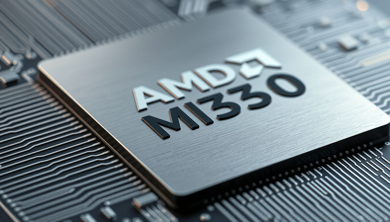 AMD MI350 AI chip close-up, sleek silicon wafer, intricate transistor patterns, subtle metallic finish, studio lighting, photorealistic, 8k,