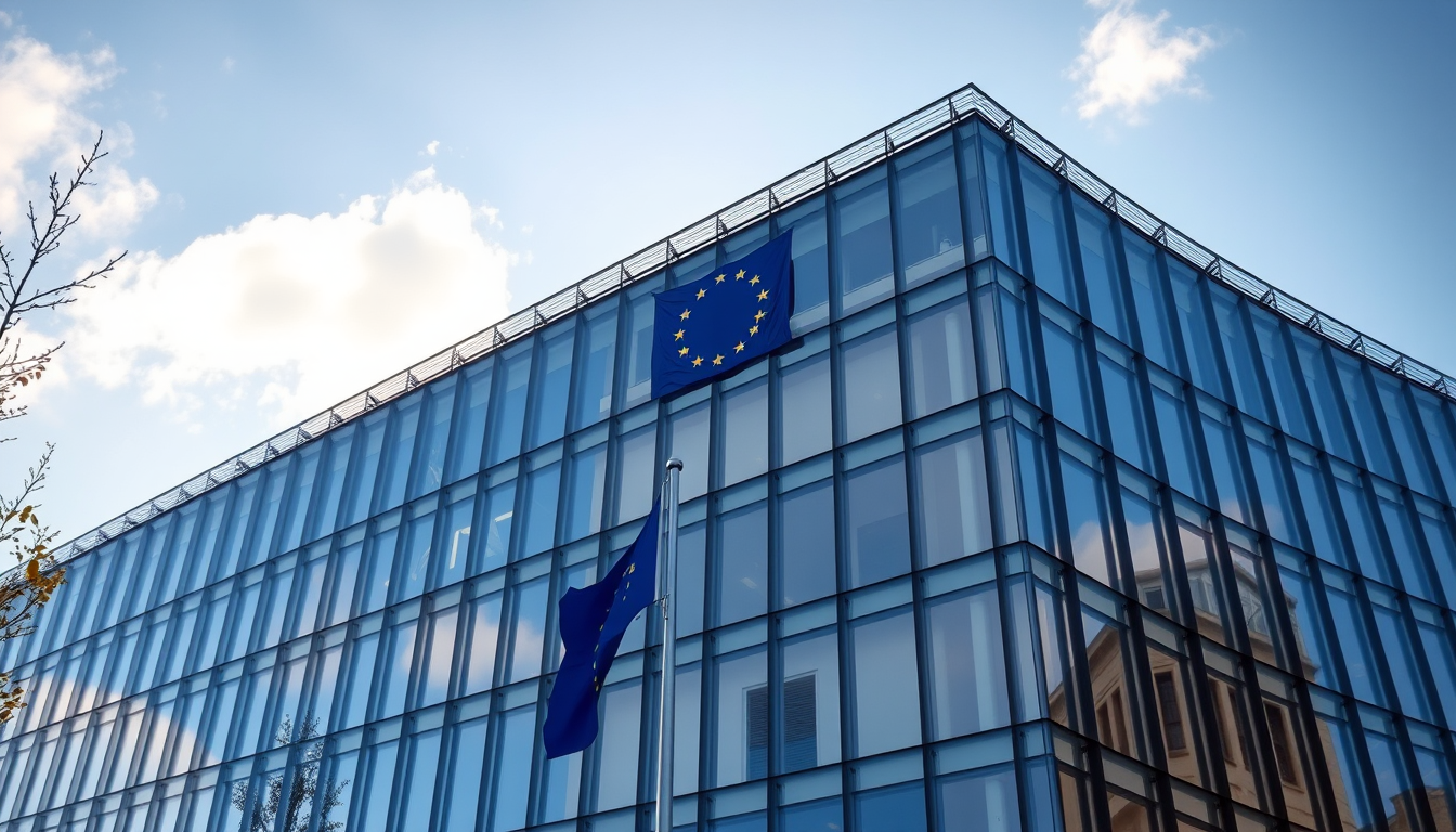 European Commission headquarters in Brussels, modern glass facade reflecting the sky, EU flag subtly displayed, crisp daylight, photorealist
