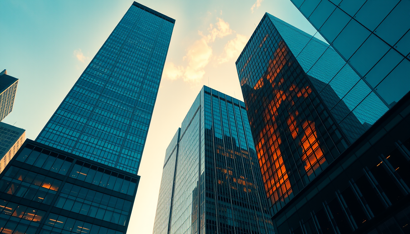 modern glass corporate skyscrapers from below, golden hour reflections, financial district, corporate editorial photography, polished and mo