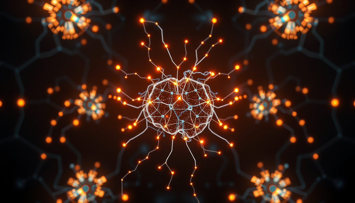 abstract artistic representation of artificial intelligence, glowing neural connections, dark futuristic atmosphere, corporate editorial pho