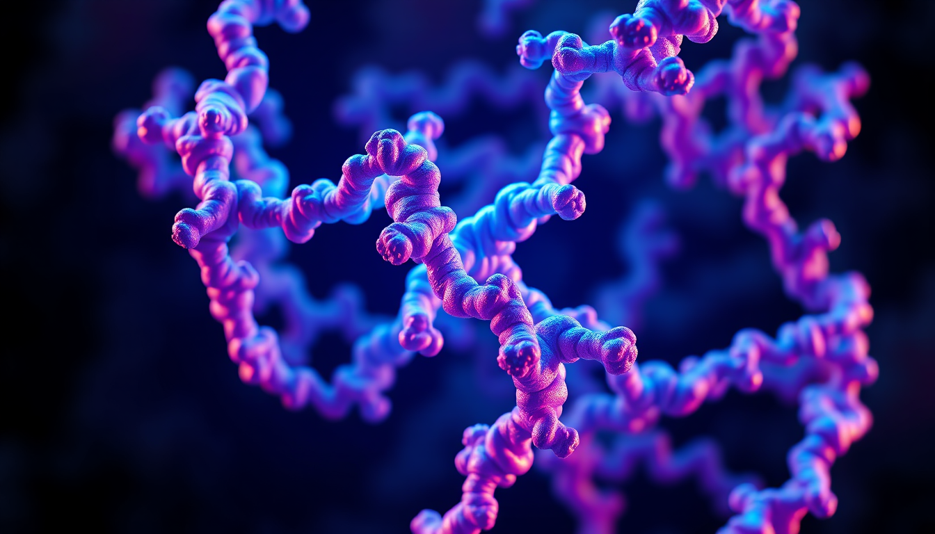 intricate 3D protein structure rendered with glowing blue and pink molecular bonds, cinematic scientific illustration, dramatic chiaroscuro,