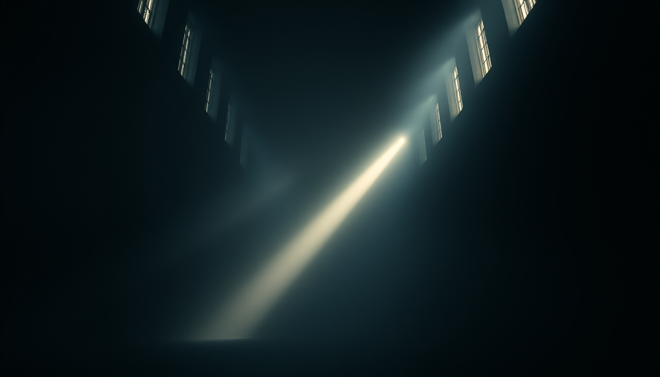 single beam of bright light cutting through dense fog inside a vast dark cathedral-like space, moody editorial photography, news-magazine qu