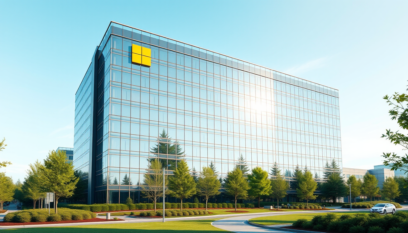 Microsoft Redmond HQ exterior, sleek glass tower, lush green landscaping, subtle reflection on windows, daytime, photorealistic, photorealis