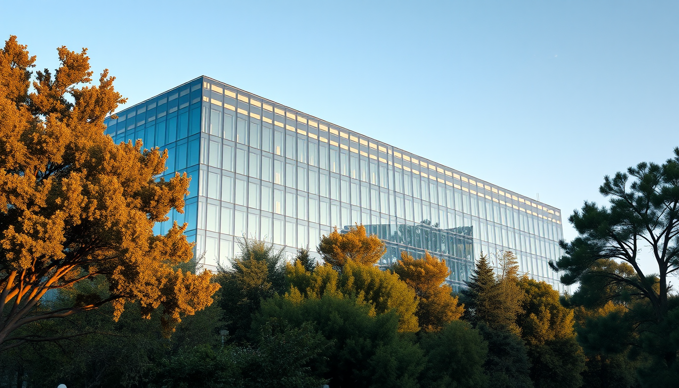 Meta headquarters in Menlo Park, California, modern glass building with sleek design, surrounded by trees, early morning light, photorealist